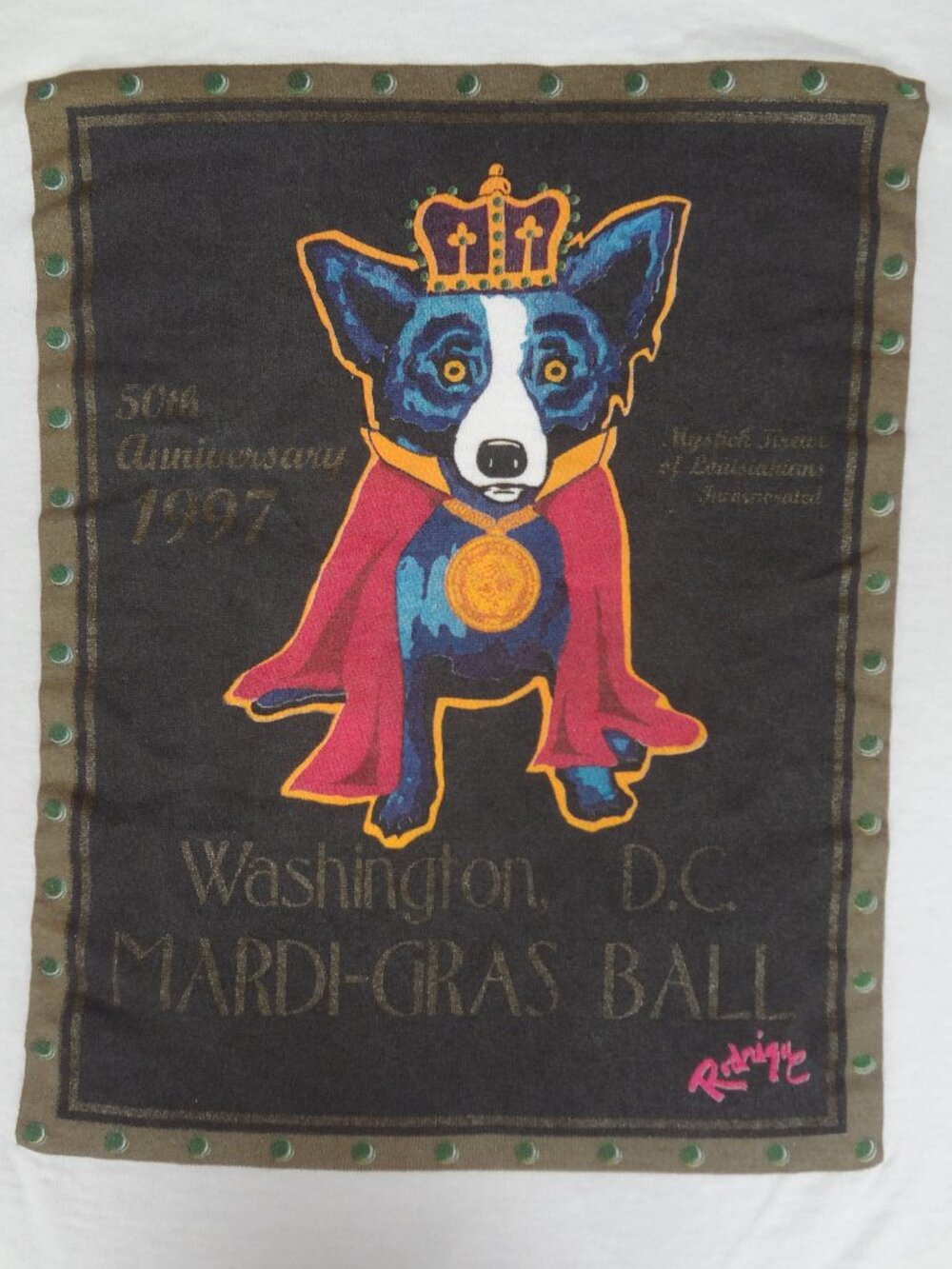 VINTAGE 97 GEORGE RODRIGUE BLUE DOG WASHINGTON DC MARDI GRAS WHITE XL SHIRT L998